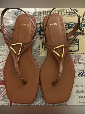 Mango Leather Tan Strappy Sandals with Gold Accents